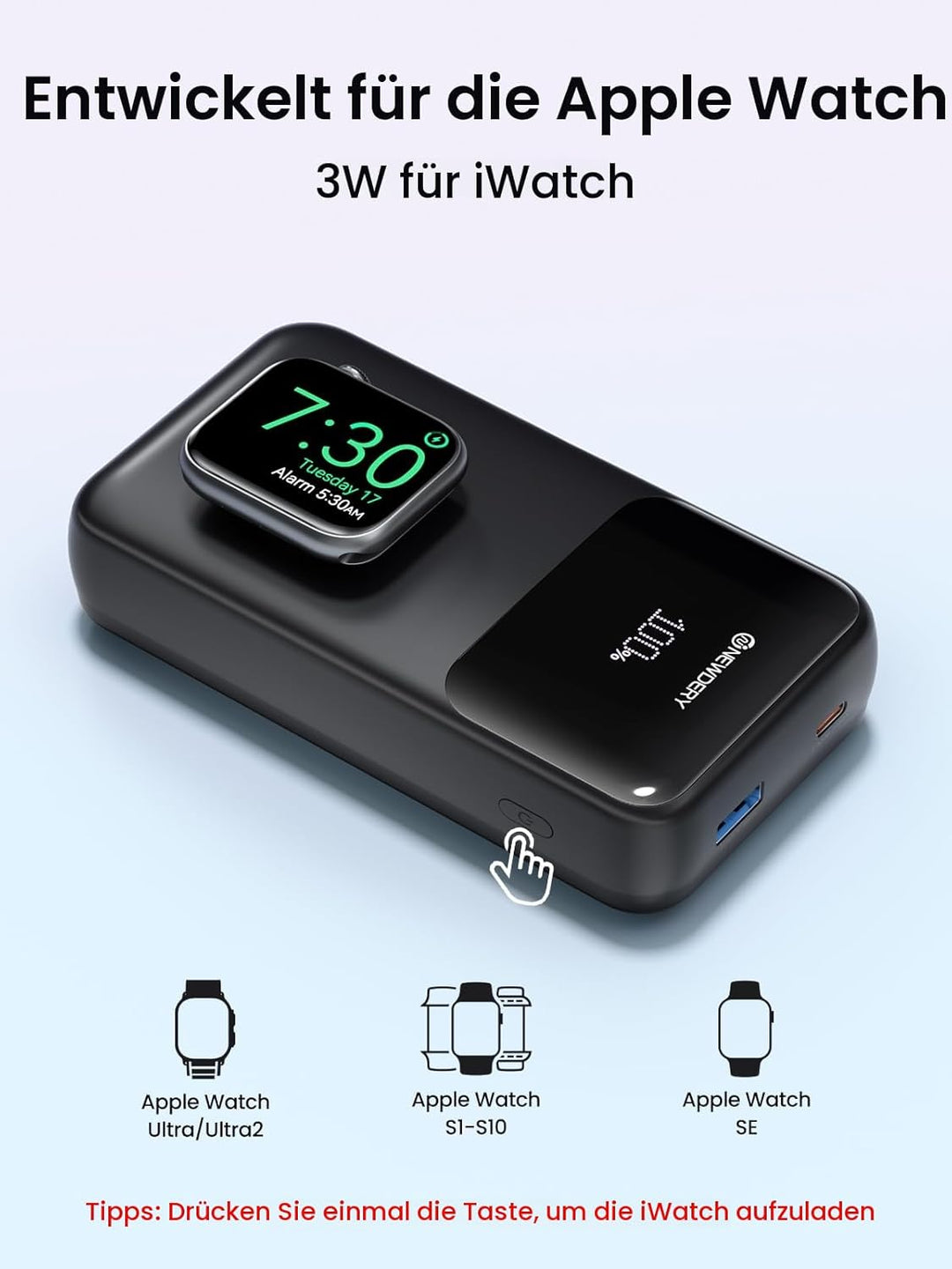 NEWDERY Powerbank für Apple Watch & iPhone Ladegerät 20000mAh Drahtloses Ladestation Power Bank, Sch