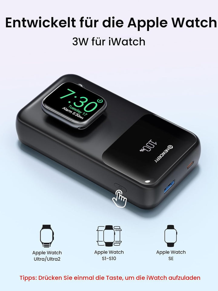 NEWDERY Powerbank für Apple Watch & iPhone Ladegerät 20000mAh Drahtloses Ladestation Power Bank, Sch