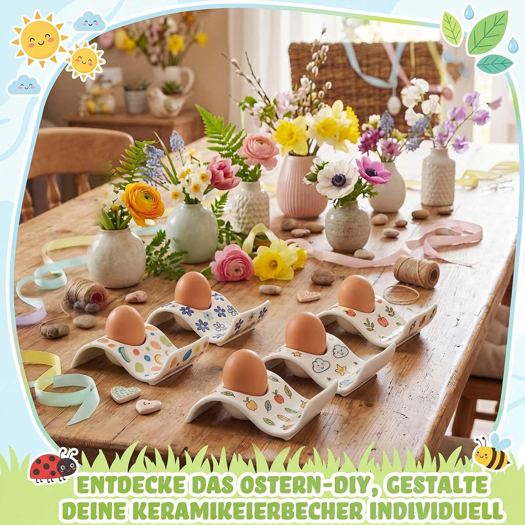 Sinmoe 6er Eierbecher Selber Bemalen Set Porzellan EierStänder mit Ablag Weiss Ostergeschenke Eierbe