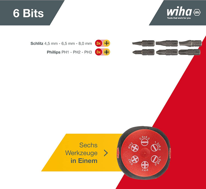 Wiha Schraubendreher Stubby mit Bit Magazin magnetisch (33736) I Schlitz, Kreuz I mit 6 Bits, 1/4" S