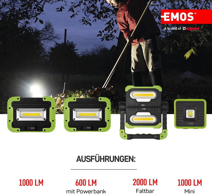 EMOS Mini-LED-Strahler, aufladbarer Baustrahler mit Powerbank, wasserdicht, max. 1000 lm, 40m Leucht