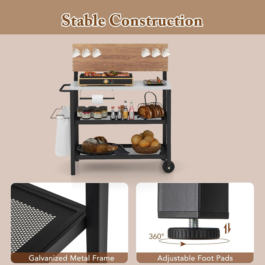 KOMFOTTEU Grillwagen mit klappbarer Tischplatte, Outdoor Servierwagen mit Haken, Handtuchhalter, Mül