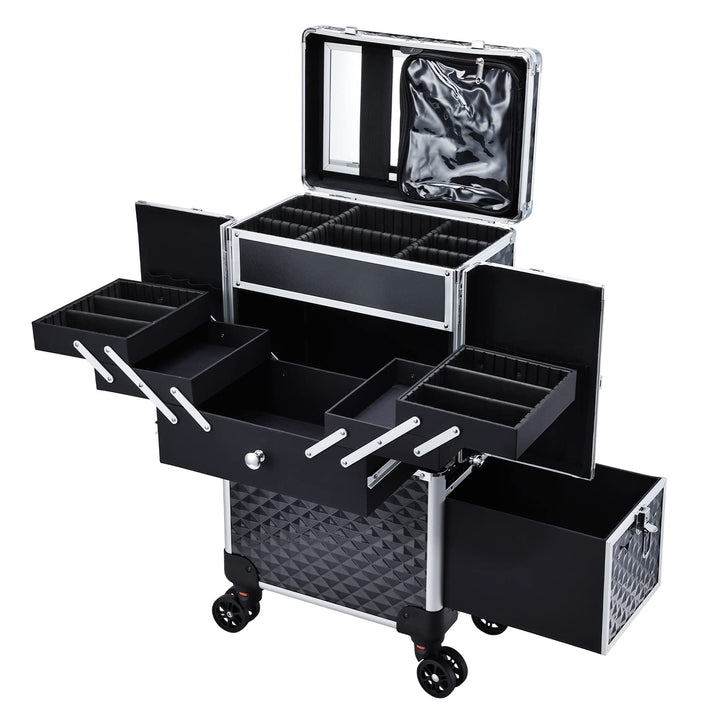 Kosmetik Trolley Friseurkoffer mit Schublade und Spiegel Kosmetikkoffer mit 4 Tabletts Make up Koffe