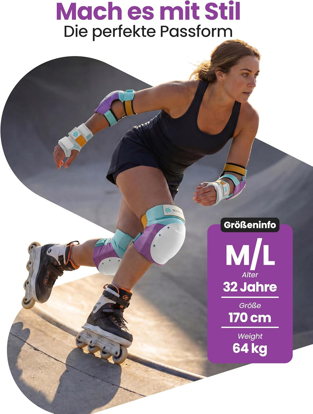 SKATEWIZ Inliner Schoner Erwachsene & Jugendliche mit Neopren-Sleeves - Protektoren Inliner Erwachse