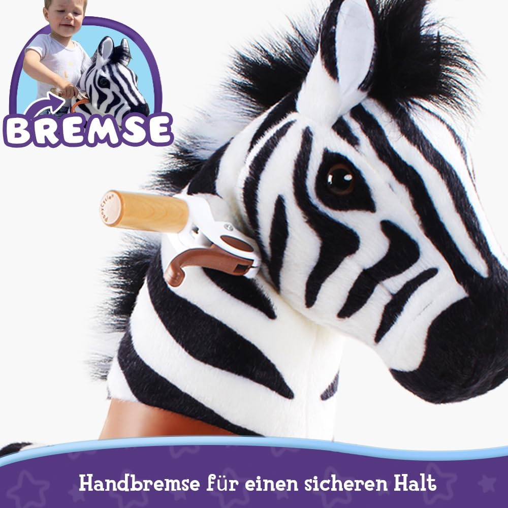 PonyCycle Zebra Reitpferd, für Kinder 3–4 Jahre, 76cm Hoch, Zebra Pferd auf Rollen mit Handbremse, P