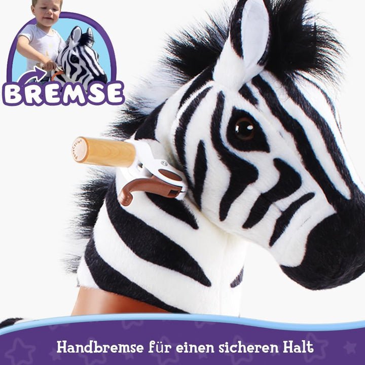 PonyCycle Zebra Pferd zum Reiten, für Kinder 4–7 Jahre, 76cm Hoch, Reitpferd auf Rollen mit Handbrem