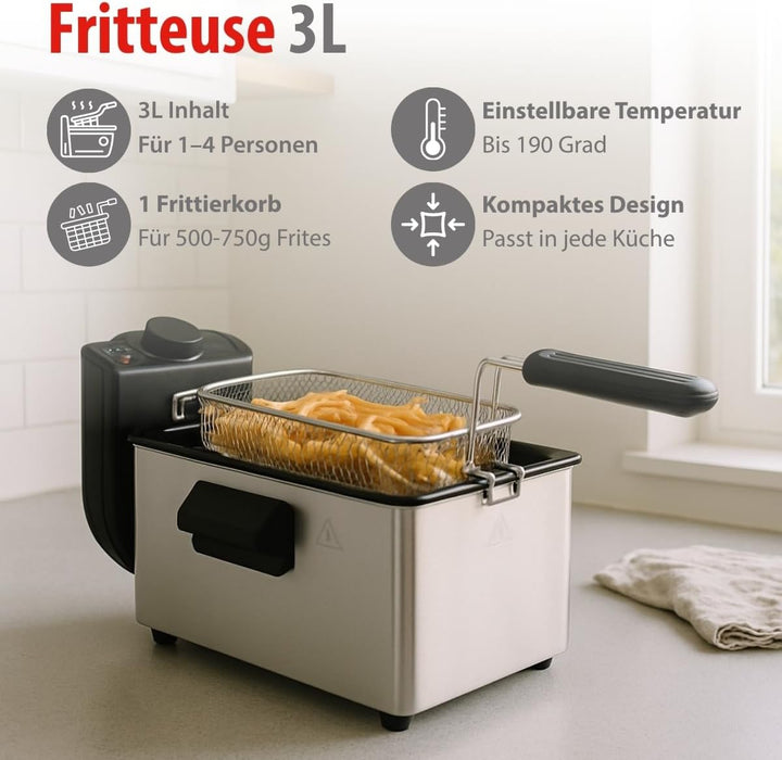 alpina Fritteuse - 3 Körbe - 5 Liter - 2000 Watt - Thermostat bis 190 °C - Anti-Heizung - Edelstahl