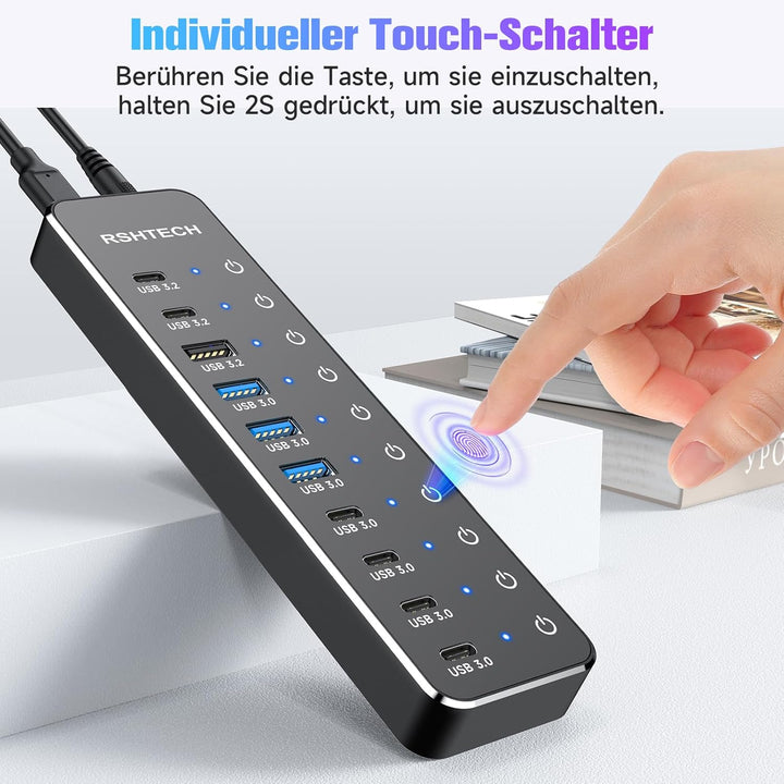 RSHTECH 10 Port USB C Hub mit Netzteil - Mit 3 USB 3.2 (2 Type C und 1 Type A) und 7 USB 3.0(4 Type-