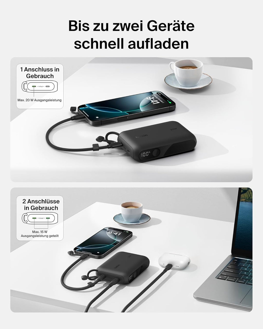 Belkin Powerbank 10.000 mAh, Powerbank mit 2 USB-C-Anschlüssen, Handyakkus mit Digitale Akkuanzeige,