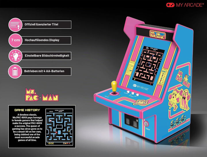 Micro Player PRO Ms. Pac-Man Retrogaming-Spiel 7 cm hochauflösender Bildschirm