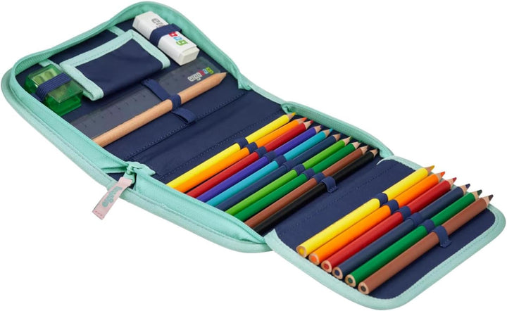 ergobag Federmäppchen Set 22-teilig, Lyra Buntstifte, Stundenplan-Fach, Kleingeld Fach, Lineal Ozean