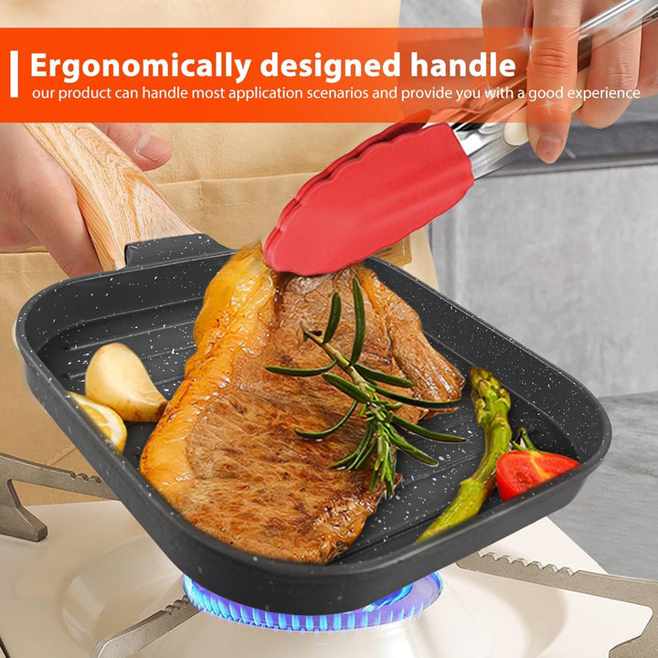 SPORWAY Grillpfanne 18×18 cm, Steakpfanne Induktion aus Aluminiumguss, Rectangle Bratpfanne mit Abne