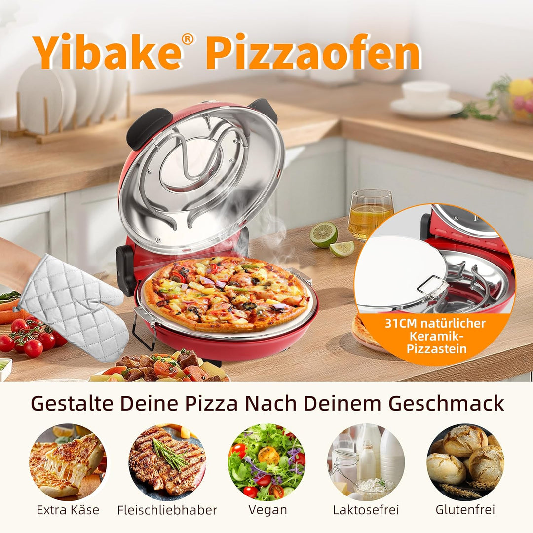 YIBAKE Pizzaofen elektrisch, 1200W Pizzabäcker in 4-Min-Pizza, 31cm Feuerfeste Pizzastein, Max 420℃