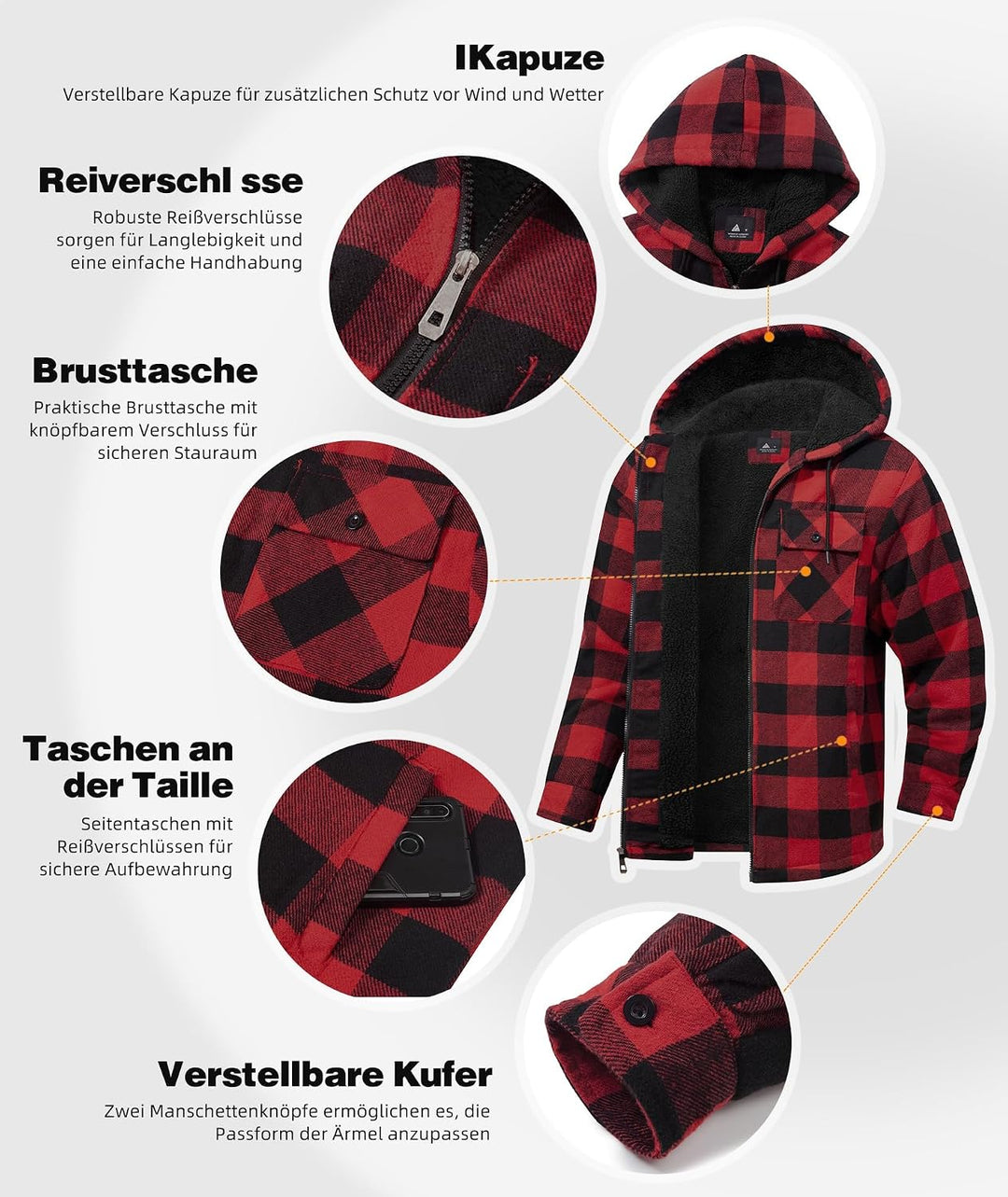 JACKETOWN Herren Fleecejacke Flanell Hemdjacke mit Kapuze Übergangsjacke Warm Gefüttert Kariertes Ho