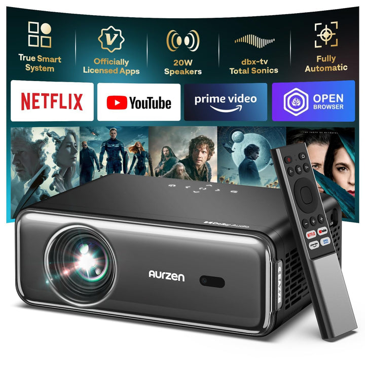 Aurzen Smart Beamer mit DoIby Audio ＆ 4K Unterstützung, Projektor Full HD 1080P, Autofokus ＆ Trapezk