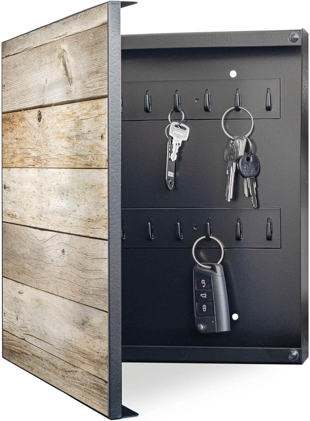 banjado® Grosser Schlüsselkasten Glas/Schlüsselbox 30cm x 30cm mit 50 Haken - Motiv Graues Holz/Schl