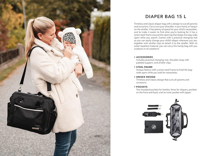 Twistshake Wickeltasche 15 L mit Wickelunterlage und Babyflaschenfächer, Schwarz, Wickeltasche 15 L