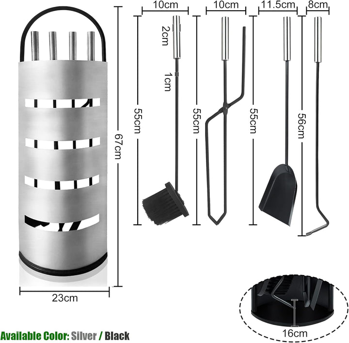 Edelstahl Kaminbesteck 5-Teilig Modern Ofenbesteck Set mit Metallgriff Kaminofen Besteck inkl. Schür
