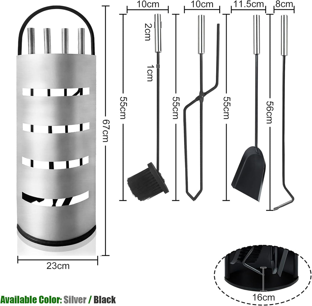Edelstahl Kaminbesteck 5-Teilig Modern Ofenbesteck Set mit Metallgriff Kaminofen Besteck inkl. Schür