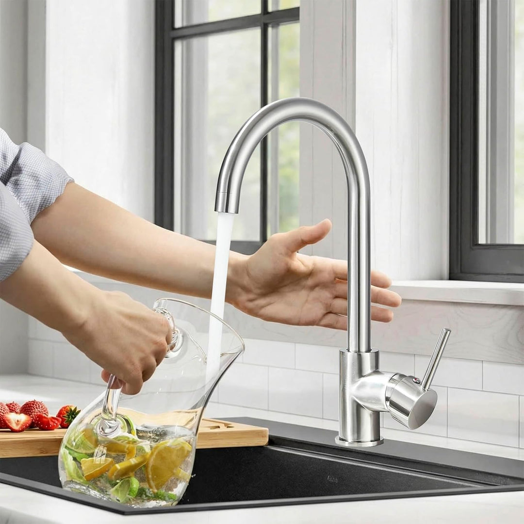 Küchenarmatur Niederdruck,Wasserhahn Küche 360° Schwenkbar, Mischbatterie Küche mit Hohem Bogen, Ein