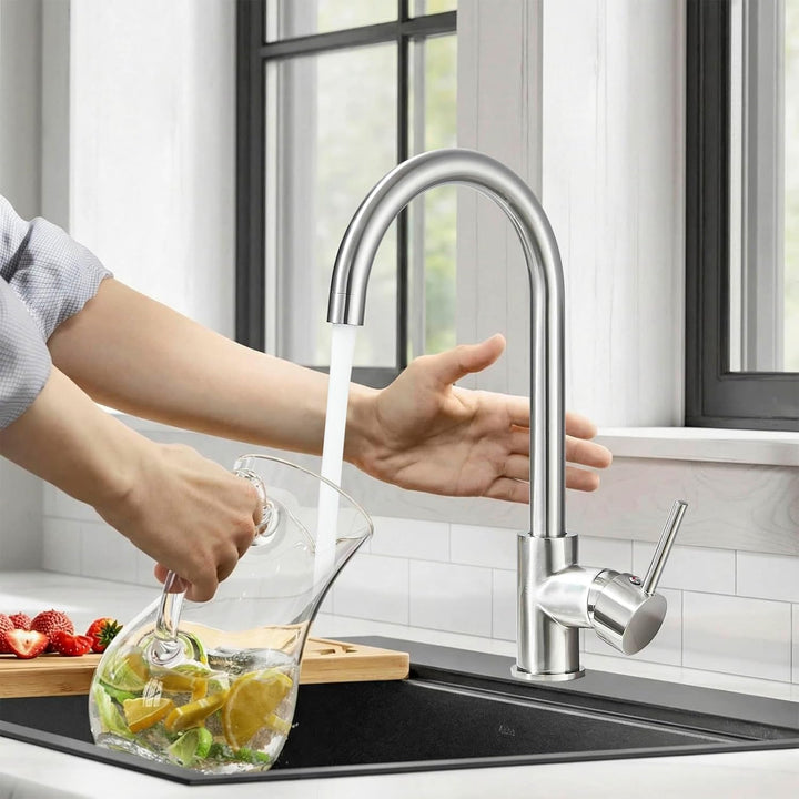 Küchenarmatur Niederdruck,Wasserhahn Küche 360° Schwenkbar, Mischbatterie Küche mit Hohem Bogen, Ein