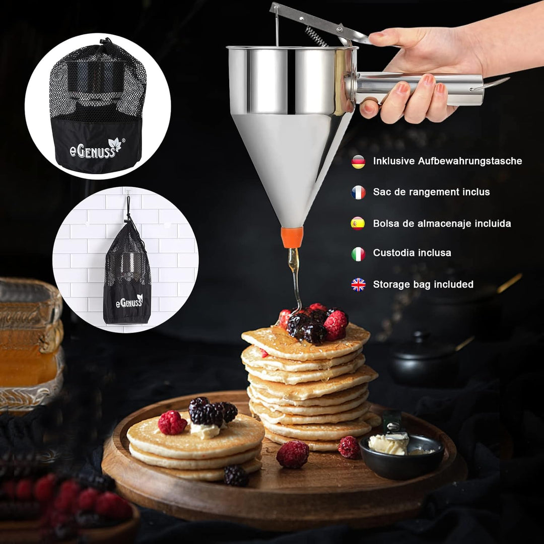 eGenuss 2er-Set Edelstahl Backtrichter Pfannkuchen Teigspender + Düsen + fester Ständer mit Teigsamm