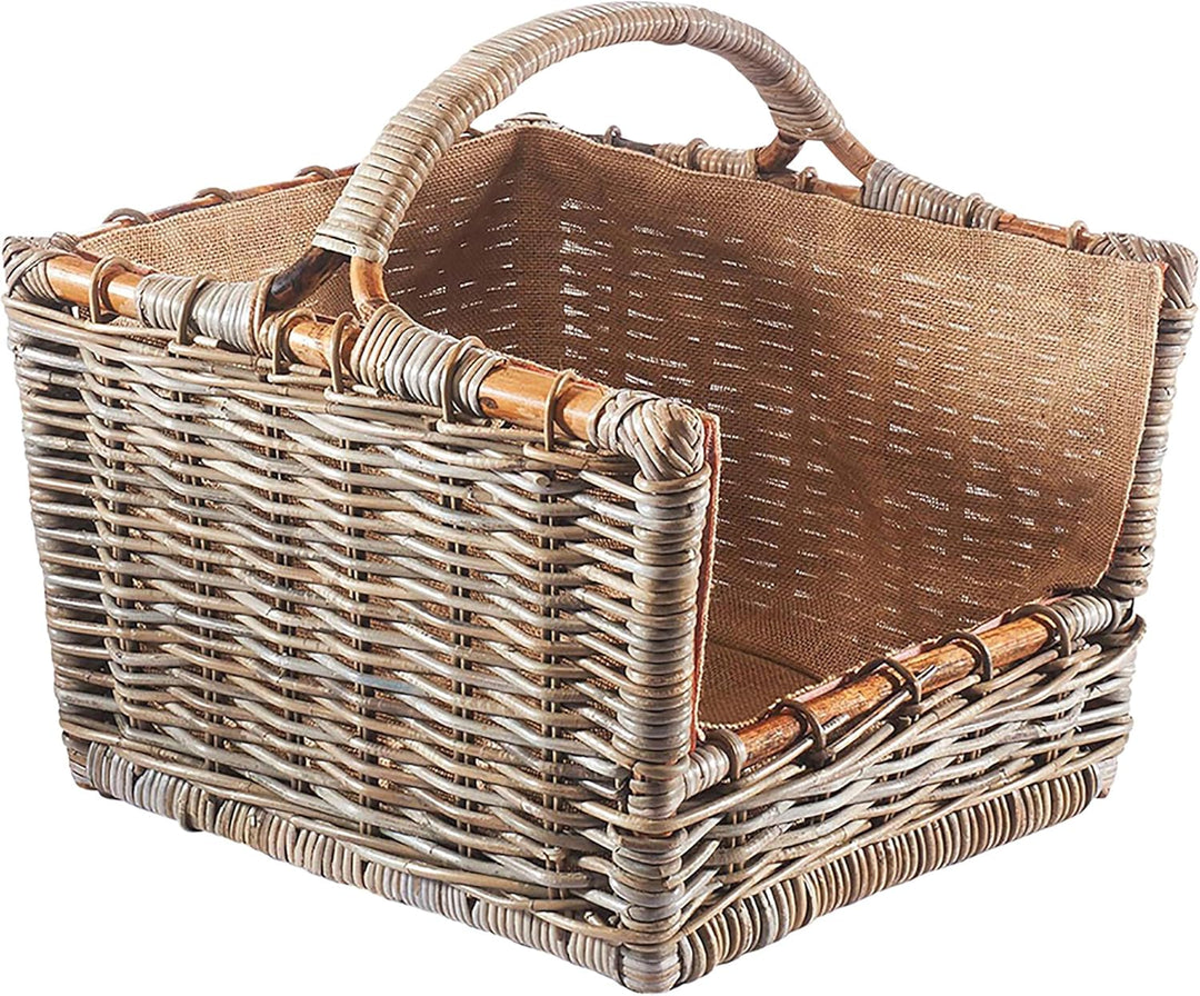 Kobolo Holztrage Holzkorb für Kaminholz - Rattan grau mit abnehmbarem Jutestoff