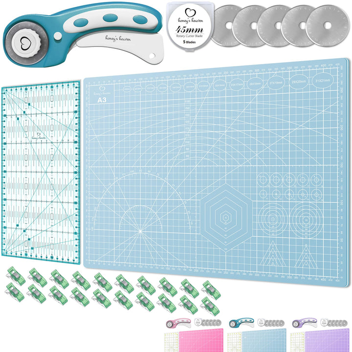 Honey's Heaven 45 mm Rollschneider Stoffschneider Set inkl. Schneideunterlage, Ersatzklingen, Stoffk