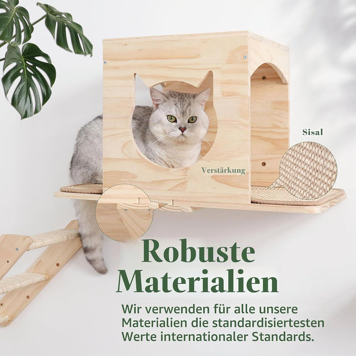 Set von Wandregalen für Katzen, mit Haus, Sisal-Kratzbaum, Kletterstufen, aus massivem Holz, für den