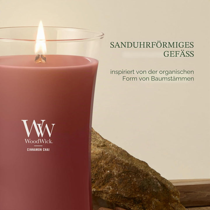 Grosse WoodWick Duftkerze im Sanduhrglas mit knisterndem Docht, Cinnamon Chai, bis zu 130 Stunden Br