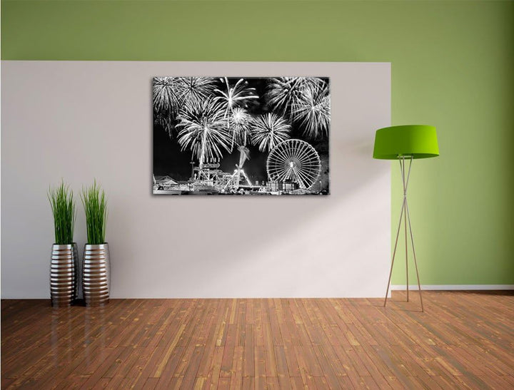 Pixxprint Monocrome, Silvester Riesenrad, Feuerwerk, Format: 100x70 auf Leinwand, 100x70