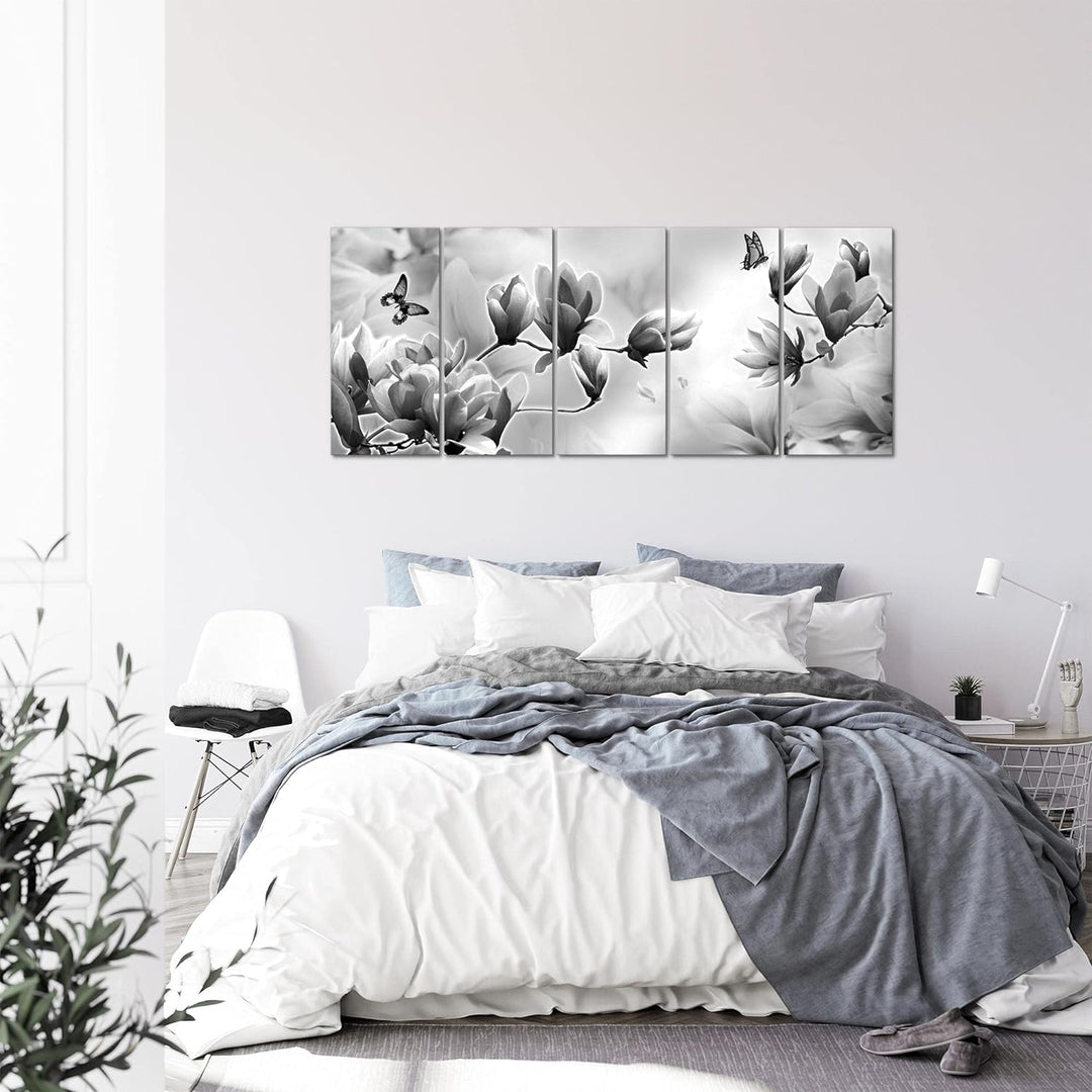 Runa Art Wandbild XXL Blumen Magnolien Wohnzimmer Schlafzimmer 200 x 80 cm Schwarz Weiss 5 Teilig -