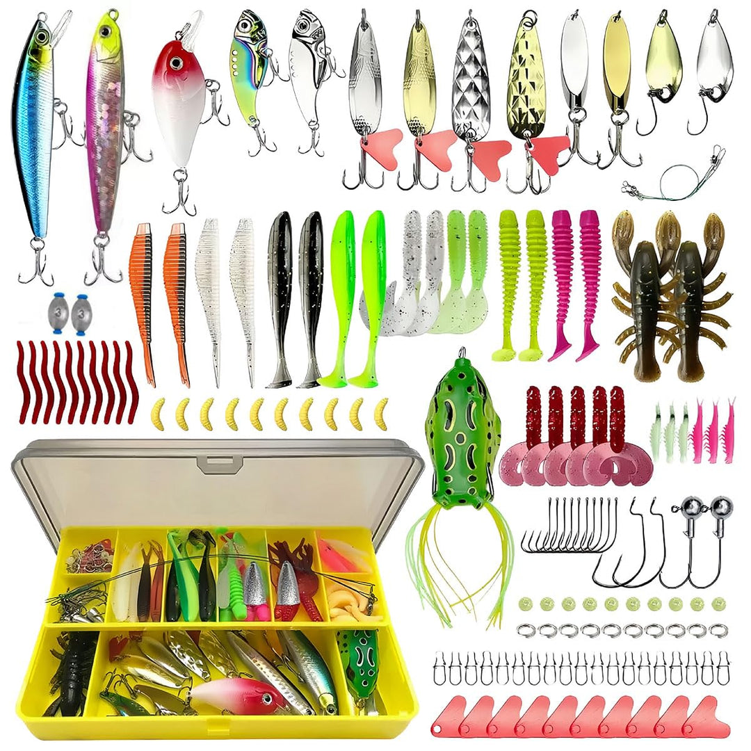 Angelköder Set mit 131 Teilen - Professionelles Angelzubehör mit Köderbox, Inkl. Gummifische, Spinne