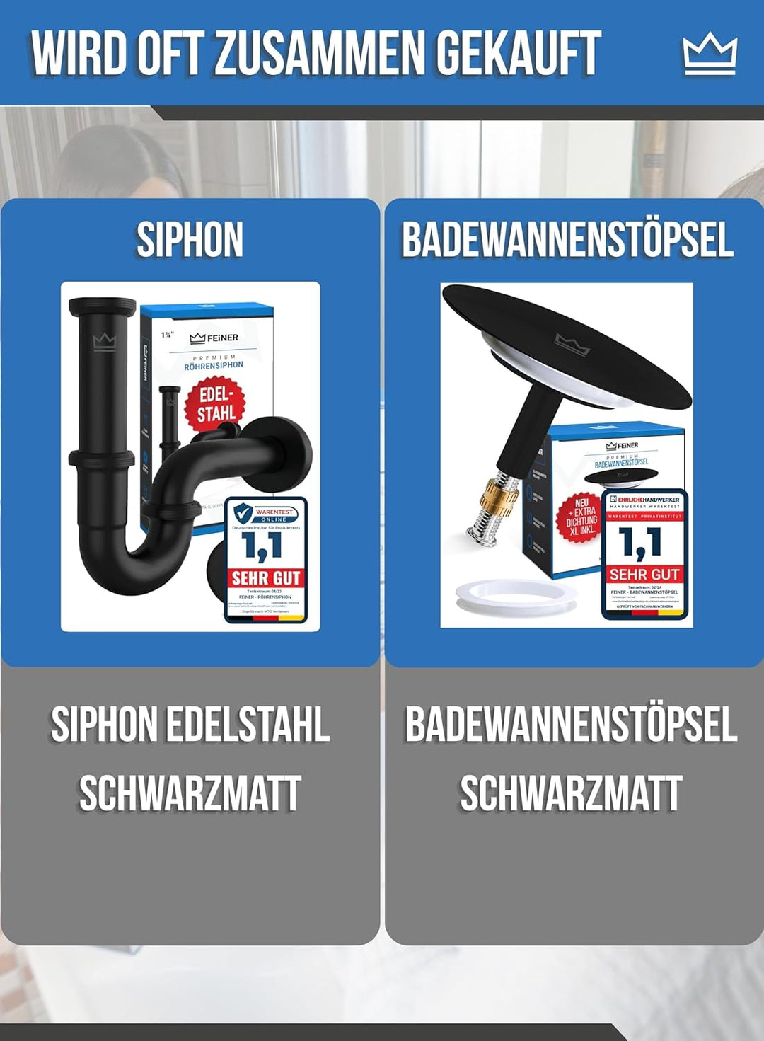 FEINER Universal Waschbecken Ablaufgarnitur für Waschbecken & Waschtisch Aller Art (Matt Schwarz) MI
