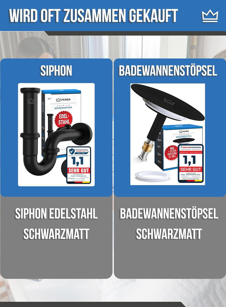 FEINER Universal Waschbecken Ablaufgarnitur für Waschbecken & Waschtisch Aller Art (Matt Schwarz) MI