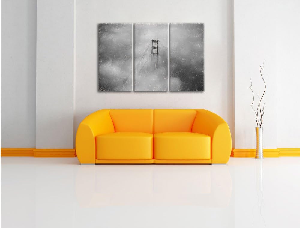 Pixxprint Golden Gate Bridge über den Wolken / 3-Teilig/Gesamtmass 120cm Leinwandbild bespannt auf H