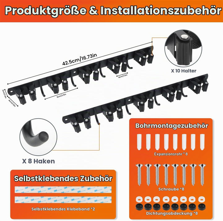 2 Stück Besenhalterung Wand, 10 Halter + 8 Haken Edelstahl Gerätehalter, Selbstklebend Gartengeräteh