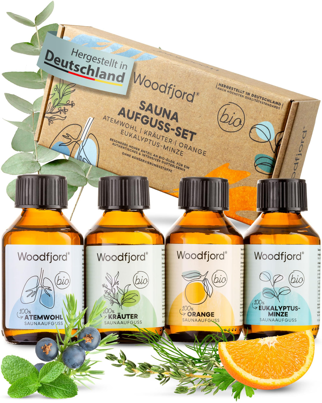 WOODFJORD Saunaaufguss Set BIO Harmonie I 4 verschiedene Saunadüfte und -Öle, je 100 ml I Premium Sa