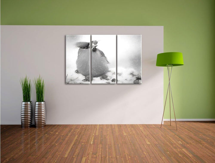 Pixxprint Kleiner Vogel im Schnee Kohle Zeichnung Effekt 3-Teiler Leinwandbild 120x80 Bild auf Leinw