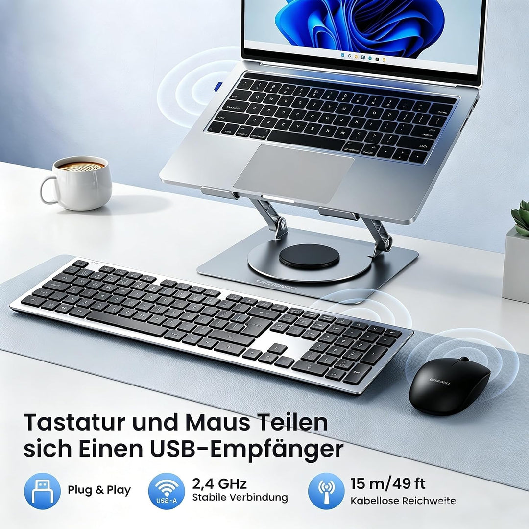 TECKNET Tastatur Maus Set Kabellos, 2.4G Wiederaufladbare Maus und Tastatur | Fullsize Deutsch QWERT