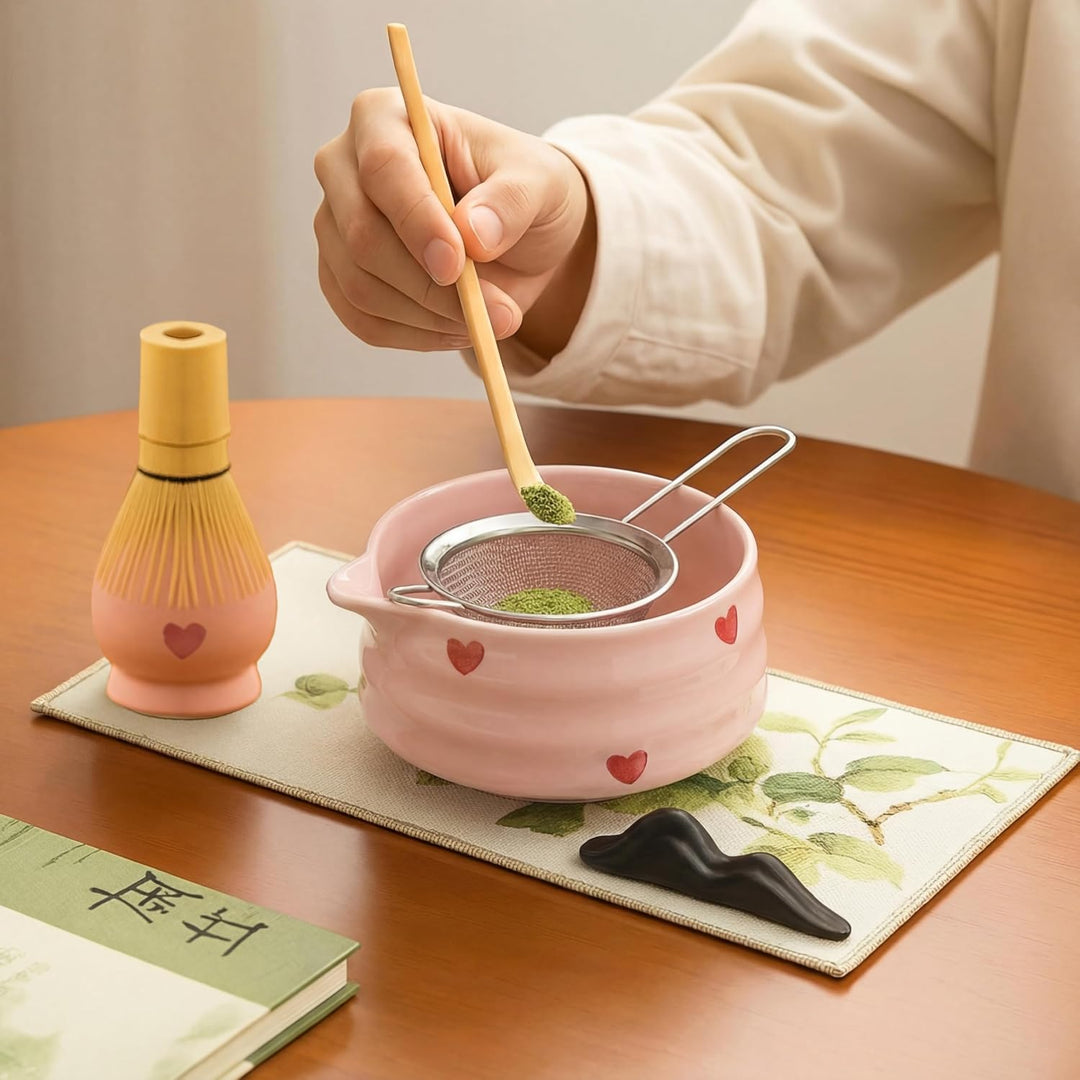 Matcha Set 7-teilig – Premium Tee Set mit Keramik Matcha Schale, Bambus Schneebesen (Chasen), Sieb &amp;