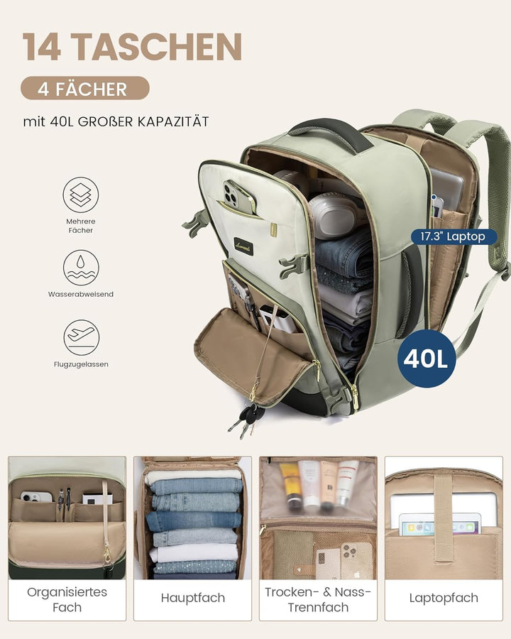 LOVEVOOK Handgepäck Rucksack, 17.3 Zoll Rucksack Handgepäck Flugzeug, Gross Reiserucksack Damen Spri