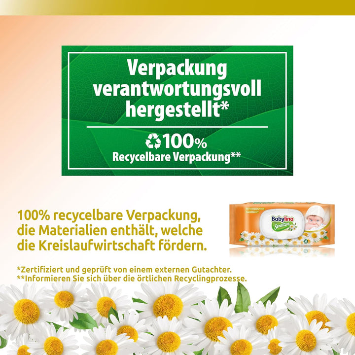 Babylino Sensitive Baby Tücher mit sanftem Kamille-Duft, 98% natürliche Formel, die den pH-Wert der
