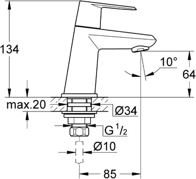 GROHE Eurodisc C Standventil für nur Kaltwasseranschluss 23051002, XS-Size XS-Size glatter Körper, X