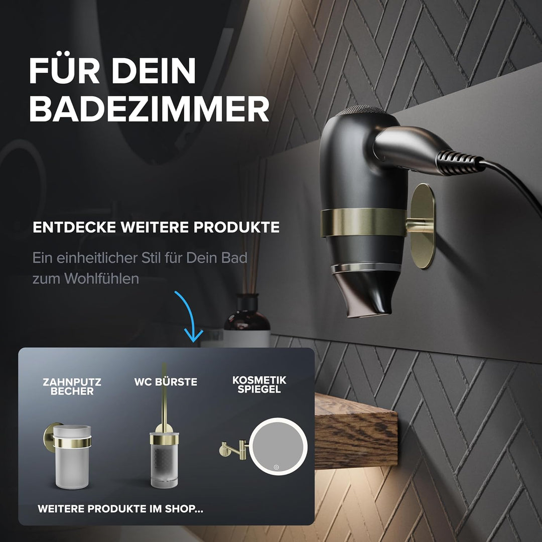 Haartrocknerhalter Godalen | Edelstahl | Gold | mit Wandmontage ohne Bohren | mit Fönpolsterung | zu