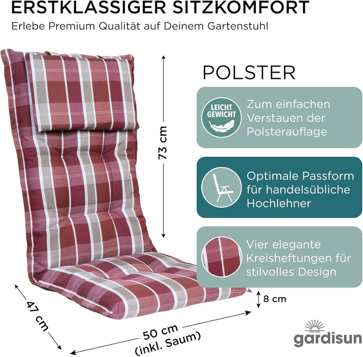 Gartenstuhlauflagen Hochlehner mit Kopfteil I Extra Dicke Sitzauflagen I Made in EU I Polsterauflage