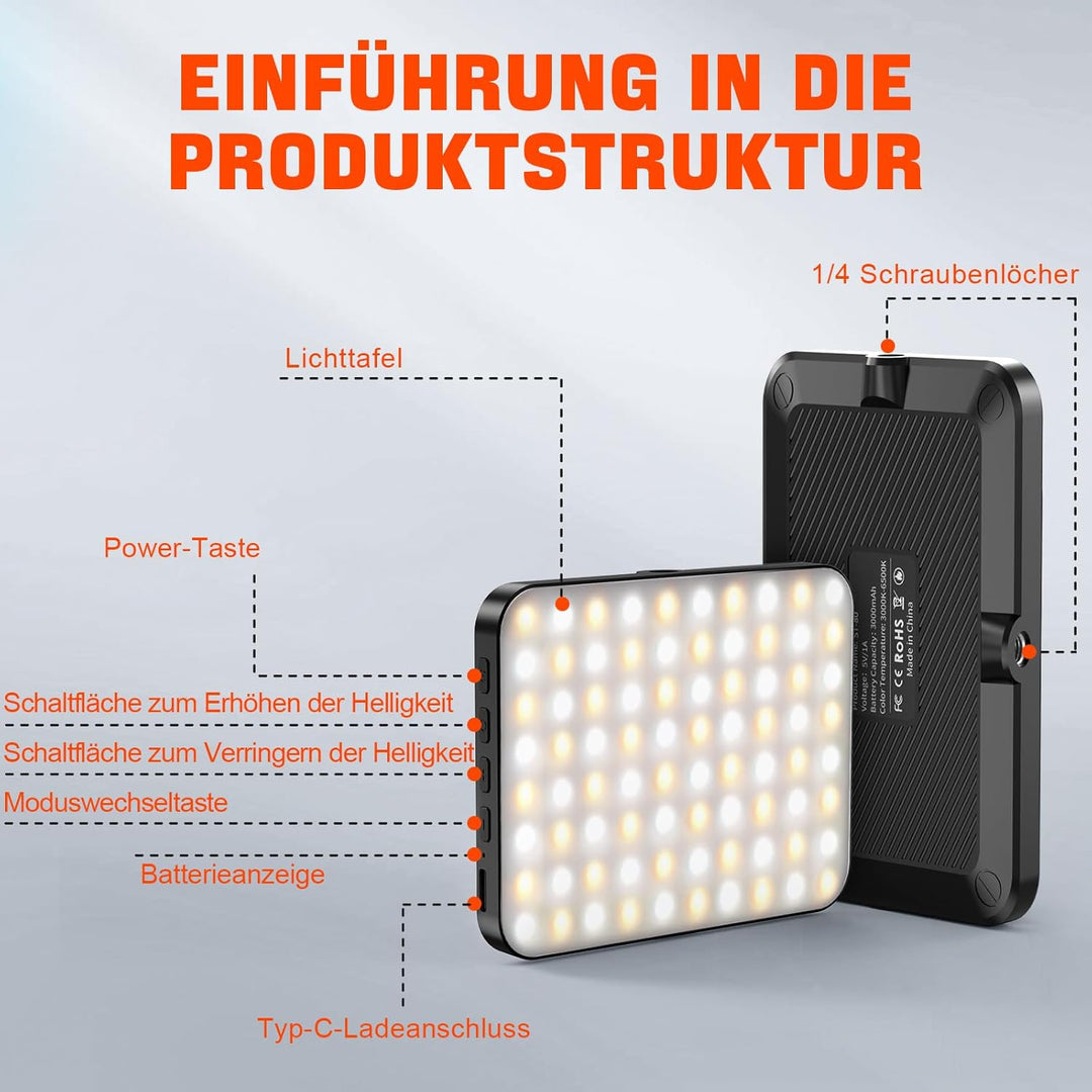 Selfie Licht, 80 LED Videolicht 3000-6500K 3 Lichtmodi 10 Helligkeiten CRI95+, 3000 mAh Akku Handy L