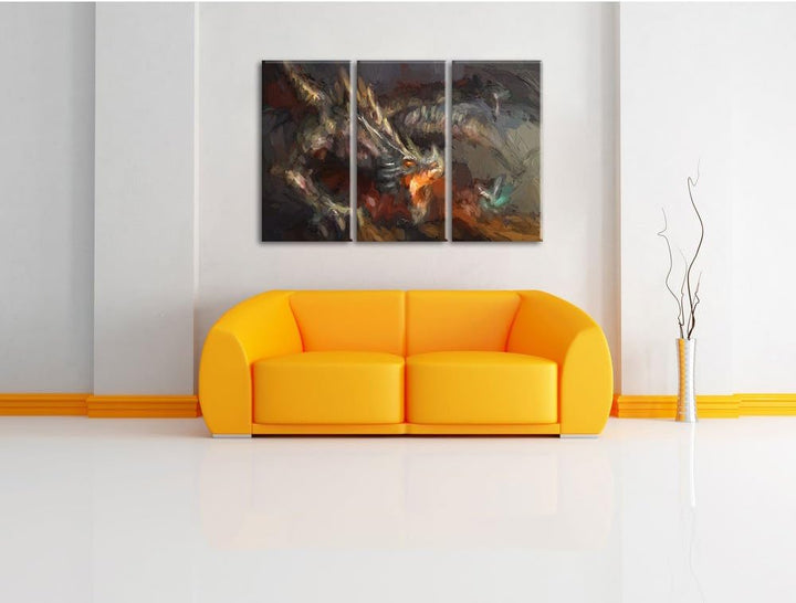 Pixxprint Kampf zwischen Mensch und Drache als Leinwandbild/Grösse: 3 Teilig (120x80 cm) cm/Wandbild