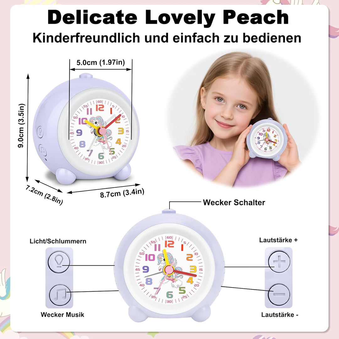 SOCICO Analoger Kinder Wecker Mädchen, Einhorn Design, Lautlos, Ohne Ticken Niedlicher Pfirsich Weck