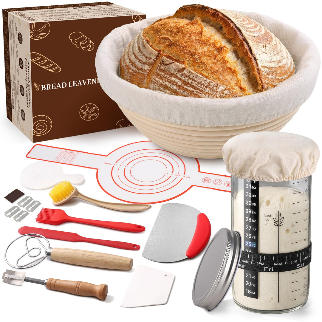 10-teilig Sauerteig Starter Set mit Gärkörbchen Rund mit Gärtuch Sowie Gärglas mit Spatel und Bäcker